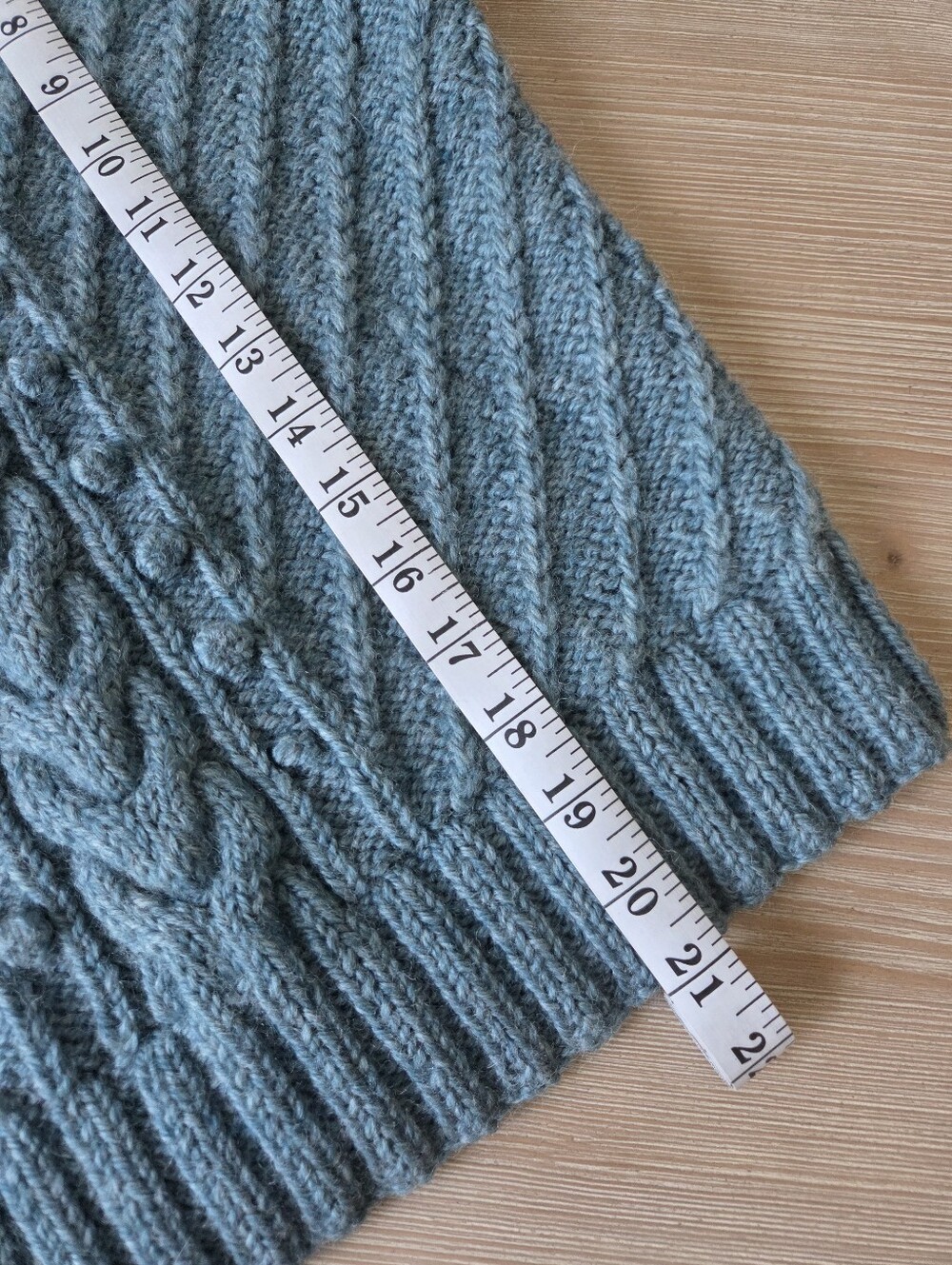 Hand Knit Blue Chunky Wool Sweater Cable Bobble Crop Mock Neck Womens Small - Picture 5 of 6
